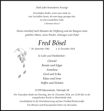 Anzeige von Fred Bösel von Kölner Stadt-Anzeiger / Kölnische Rundschau / Express