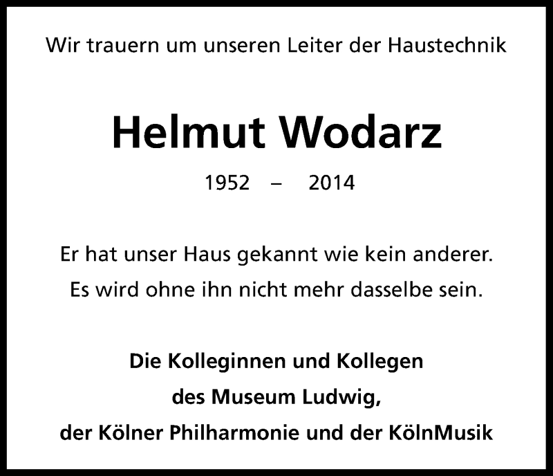  Traueranzeige für Helmut Wodarz vom 13.12.2014 aus Kölner Stadt-Anzeiger / Kölnische Rundschau / Express