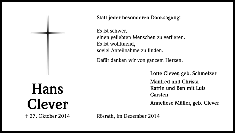  Traueranzeige für Hans Clever vom 13.12.2014 aus Kölner Stadt-Anzeiger / Kölnische Rundschau / Express