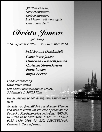 Anzeige von Christa Jansen von Kölner Stadt-Anzeiger / Kölnische Rundschau / Express