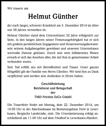 Anzeige von Helmut Günther von Kölner Stadt-Anzeiger / Kölnische Rundschau / Express