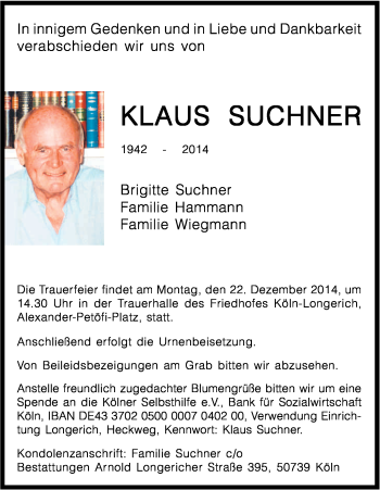 Anzeige von Klaus Suchner von Kölner Stadt-Anzeiger / Kölnische Rundschau / Express