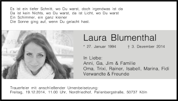 Anzeige von Laura Blumenthal von Kölner Stadt-Anzeiger / Kölnische Rundschau / Express