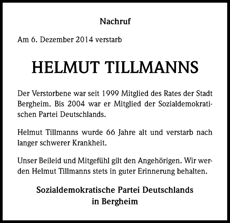  Traueranzeige für Helmut Tillmanns vom 12.12.2014 aus Kölner Stadt-Anzeiger / Kölnische Rundschau / Express