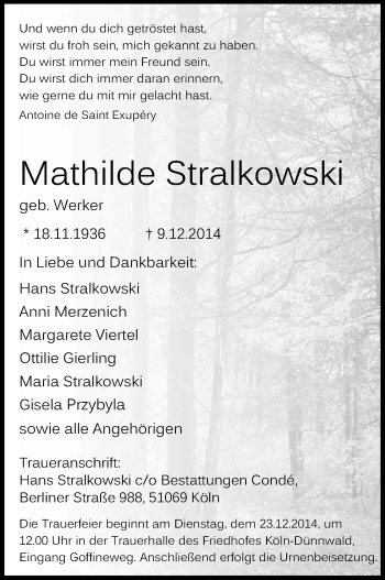 Anzeige von Mathilde Stralkowski von Kölner Stadt-Anzeiger / Kölnische Rundschau / Express