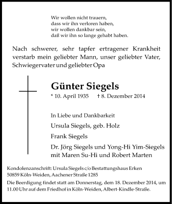 Anzeige von Günter Siegels von Kölner Stadt-Anzeiger / Kölnische Rundschau / Express