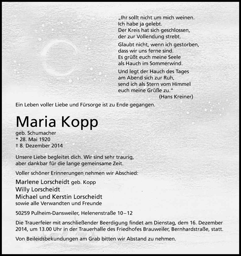  Traueranzeige für Maria Kopp vom 13.12.2014 aus Kölner Stadt-Anzeiger / Kölnische Rundschau / Express
