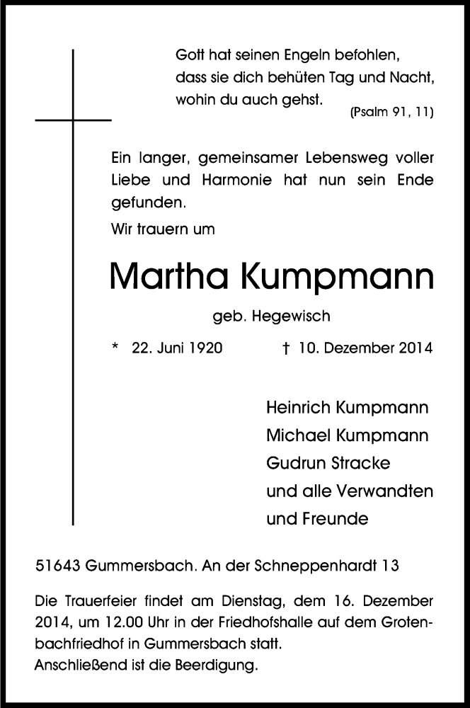  Traueranzeige für Martha Kumpmann vom 12.12.2014 aus Kölner Stadt-Anzeiger / Kölnische Rundschau / Express