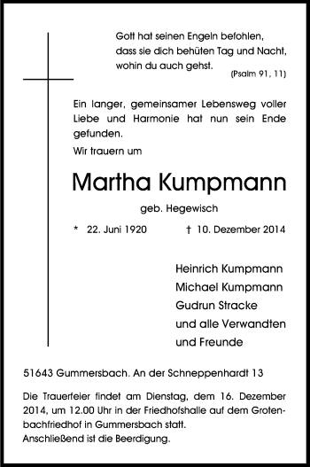 Anzeige von Martha Kumpmann von Kölner Stadt-Anzeiger / Kölnische Rundschau / Express