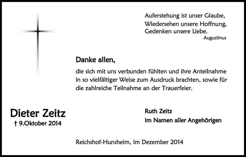  Traueranzeige für Dieter Zeitz vom 20.12.2014 aus Kölner Stadt-Anzeiger / Kölnische Rundschau / Express