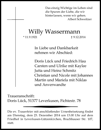 Anzeige von Willy Wassermann von Kölner Stadt-Anzeiger / Kölnische Rundschau / Express