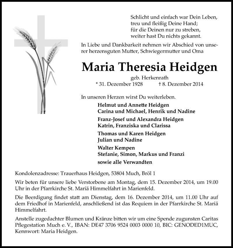  Traueranzeige für Maria Theresia Heidgen vom 13.12.2014 aus Kölner Stadt-Anzeiger / Kölnische Rundschau / Express
