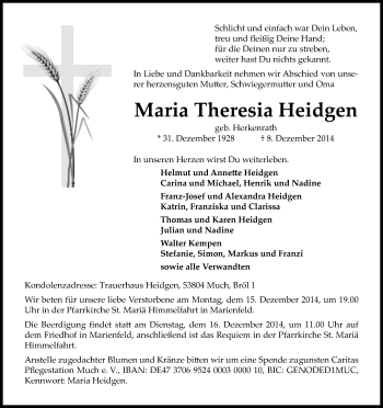 Anzeige von Maria Theresia Heidgen von Kölner Stadt-Anzeiger / Kölnische Rundschau / Express