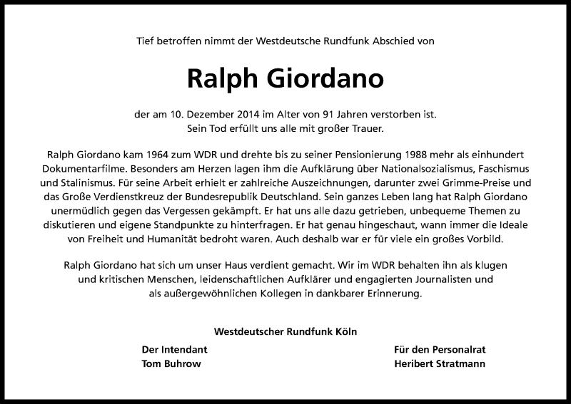  Traueranzeige für Ralph Giordano vom 13.12.2014 aus Kölner Stadt-Anzeiger / Kölnische Rundschau / Express