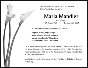 Anzeige von Maria Mandler von Kölner Stadt-Anzeiger / Kölnische Rundschau / Express