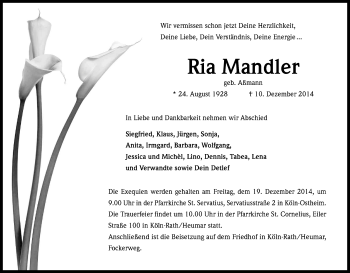 Anzeige von Ria Mandler von Kölner Stadt-Anzeiger / Kölnische Rundschau / Express