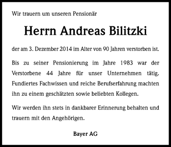 Anzeige von Andreas Bilitzki von Kölner Stadt-Anzeiger / Kölnische Rundschau / Express