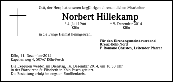 Anzeige von Norbert Hillekamp von Kölner Stadt-Anzeiger / Kölnische Rundschau / Express