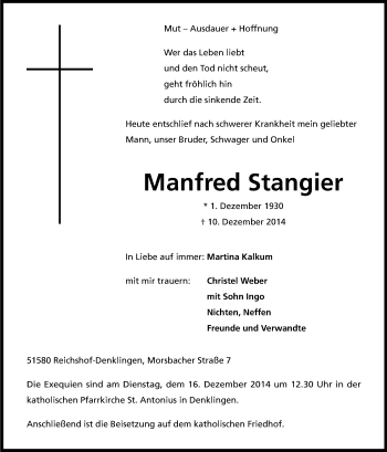 Anzeige von Manfred Stangier von Kölner Stadt-Anzeiger / Kölnische Rundschau / Express
