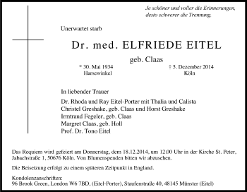 Anzeige von Elfriede Eitel von Kölner Stadt-Anzeiger / Kölnische Rundschau / Express