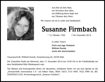 Anzeige von Susanne Firmbach von Kölner Stadt-Anzeiger / Kölnische Rundschau / Express