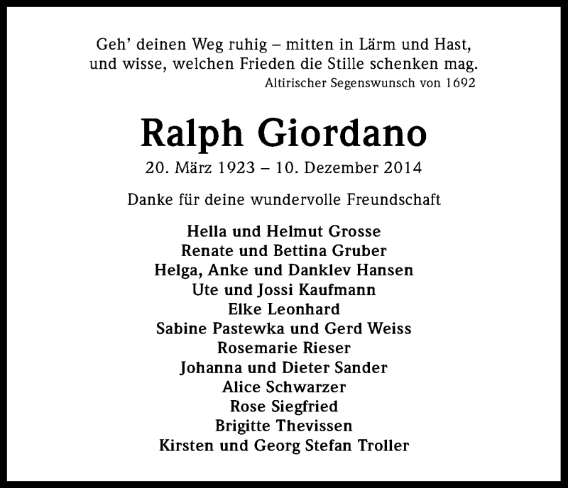  Traueranzeige für Ralph Giordano vom 13.12.2014 aus Kölner Stadt-Anzeiger / Kölnische Rundschau / Express