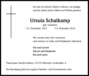 Anzeige von Ursula Schalkamp von Kölner Stadt-Anzeiger / Kölnische Rundschau / Express