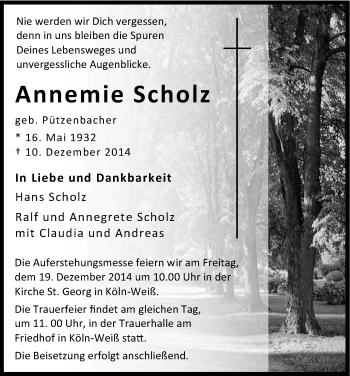 Anzeige von Annemie Scholz von Kölner Stadt-Anzeiger / Kölnische Rundschau / Express