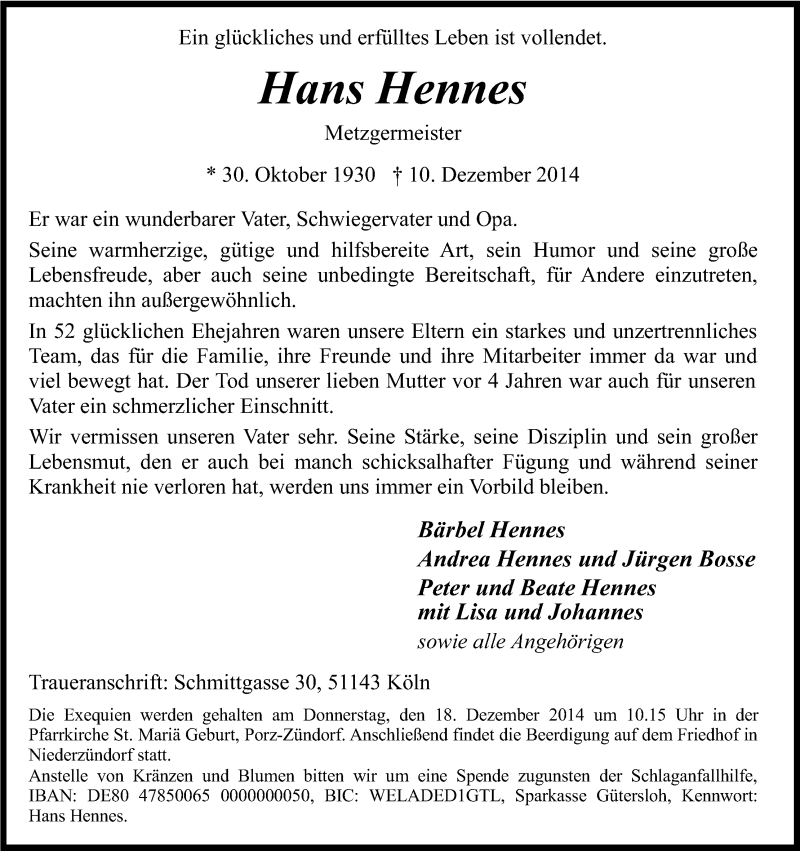  Traueranzeige für Hans Hennes vom 13.12.2014 aus Kölner Stadt-Anzeiger / Kölnische Rundschau / Express