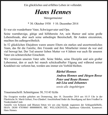 Anzeige von Hans Hennes von Kölner Stadt-Anzeiger / Kölnische Rundschau / Express