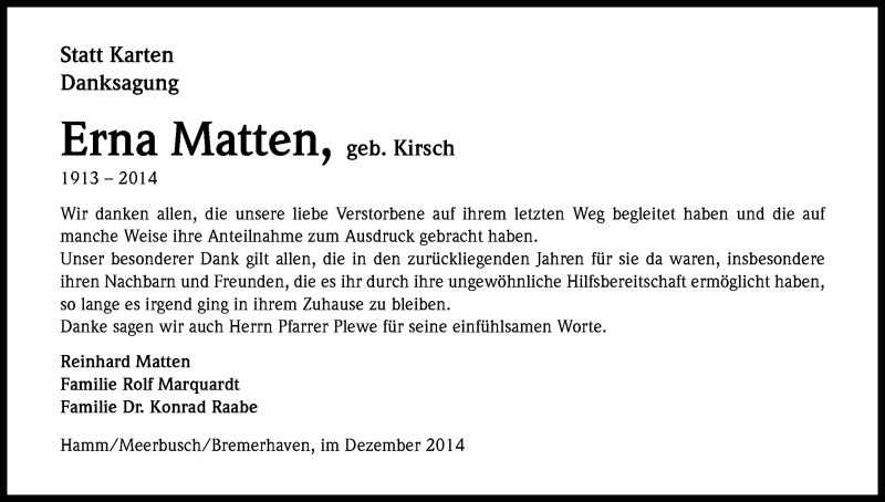  Traueranzeige für Erna Matten, vom 13.12.2014 aus Kölner Stadt-Anzeiger / Kölnische Rundschau / Express
