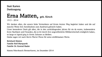 Anzeige von Erna Matten, von Kölner Stadt-Anzeiger / Kölnische Rundschau / Express