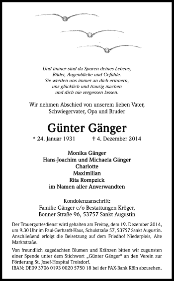 Anzeige von Günter Gänger von Kölner Stadt-Anzeiger / Kölnische Rundschau / Express