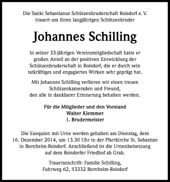 Anzeige von Johannes Schilling von Kölner Stadt-Anzeiger / Kölnische Rundschau / Express