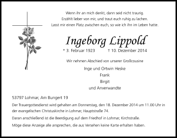Anzeige von Ingeborg Lippold von Kölner Stadt-Anzeiger / Kölnische Rundschau / Express