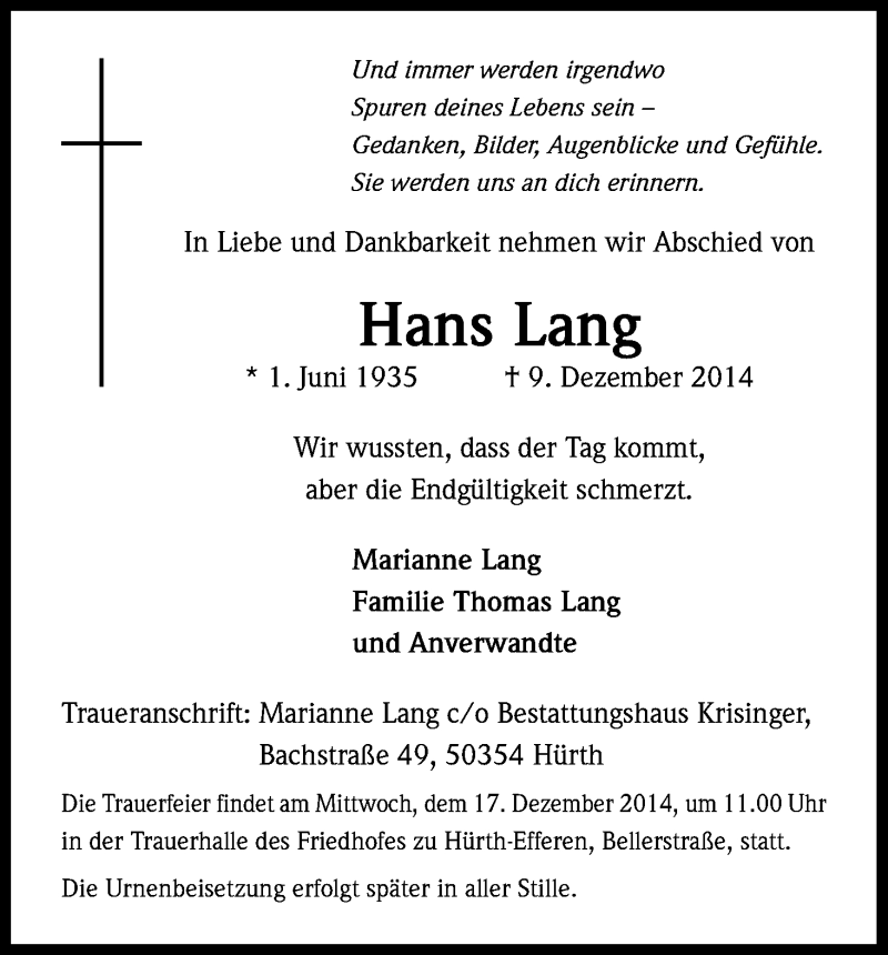  Traueranzeige für Hans Lang vom 13.12.2014 aus Kölner Stadt-Anzeiger / Kölnische Rundschau / Express
