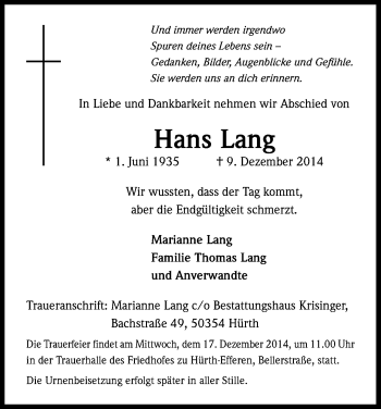 Anzeige von Hans Lang von Kölner Stadt-Anzeiger / Kölnische Rundschau / Express