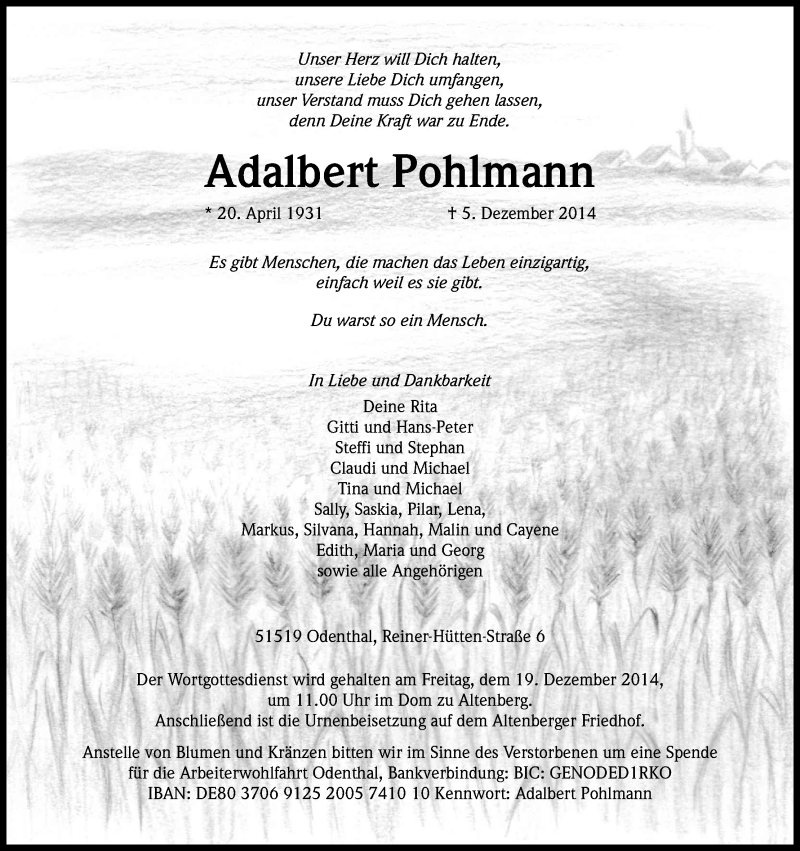  Traueranzeige für Adalbert Pohlmann vom 13.12.2014 aus Kölner Stadt-Anzeiger / Kölnische Rundschau / Express