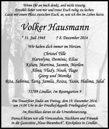 Anzeige von Volker Hausmann von Kölner Stadt-Anzeiger / Kölnische Rundschau / Express