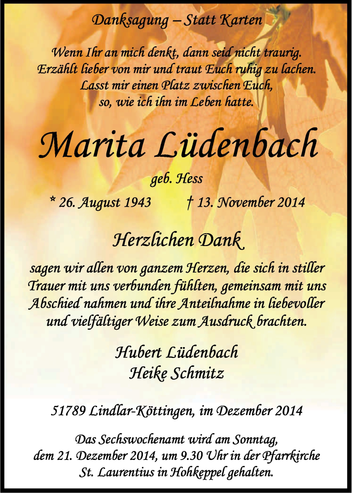  Traueranzeige für Marita Lüdenbach vom 13.12.2014 aus Kölner Stadt-Anzeiger / Kölnische Rundschau / Express
