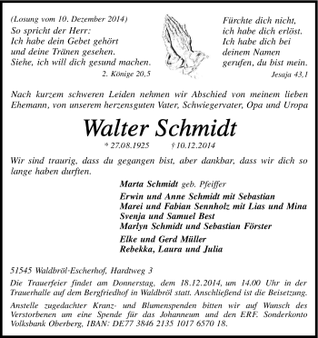 Anzeige von Walter Schmidt von Kölner Stadt-Anzeiger / Kölnische Rundschau / Express
