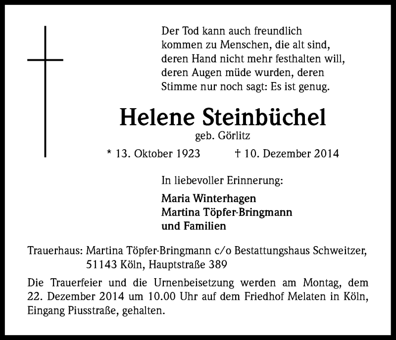  Traueranzeige für Helene Steinbüchel vom 13.12.2014 aus Kölner Stadt-Anzeiger / Kölnische Rundschau / Express