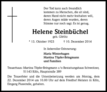 Anzeige von Helene Steinbüchel von Kölner Stadt-Anzeiger / Kölnische Rundschau / Express