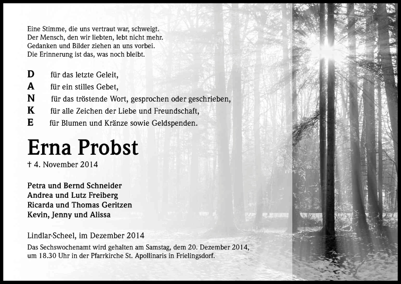  Traueranzeige für Erna Probst vom 13.12.2014 aus Kölner Stadt-Anzeiger / Kölnische Rundschau / Express
