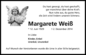 Anzeige von Margarete Weiß von Kölner Stadt-Anzeiger / Kölnische Rundschau / Express