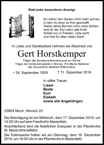 Anzeige von Gert Horstkemper von Kölner Stadt-Anzeiger / Kölnische Rundschau / Express