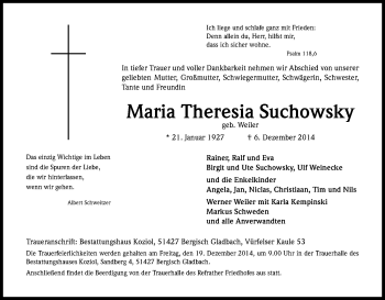 Anzeige von Maria Theresia Suchowsky von Kölner Stadt-Anzeiger / Kölnische Rundschau / Express