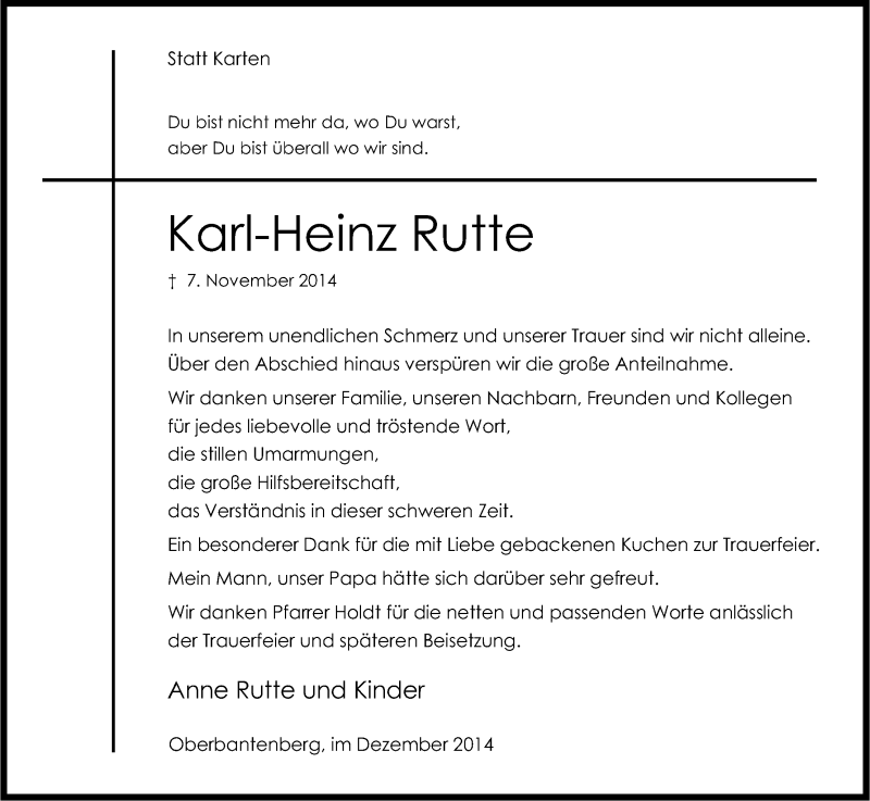  Traueranzeige für Karl-Heinz Rutte vom 13.12.2014 aus Kölner Stadt-Anzeiger / Kölnische Rundschau / Express