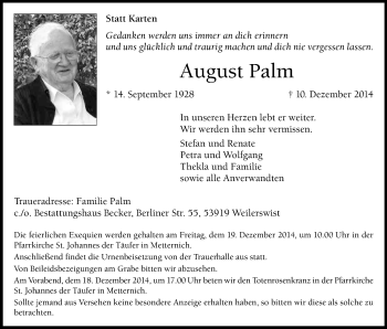 Anzeige von August Palm von Kölner Stadt-Anzeiger / Kölnische Rundschau / Express