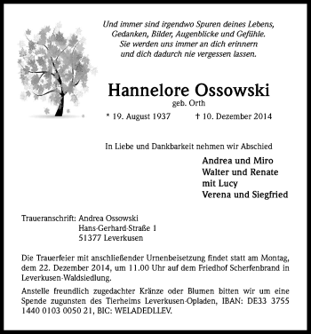 Anzeige von Hannelore Ossowski von Kölner Stadt-Anzeiger / Kölnische Rundschau / Express